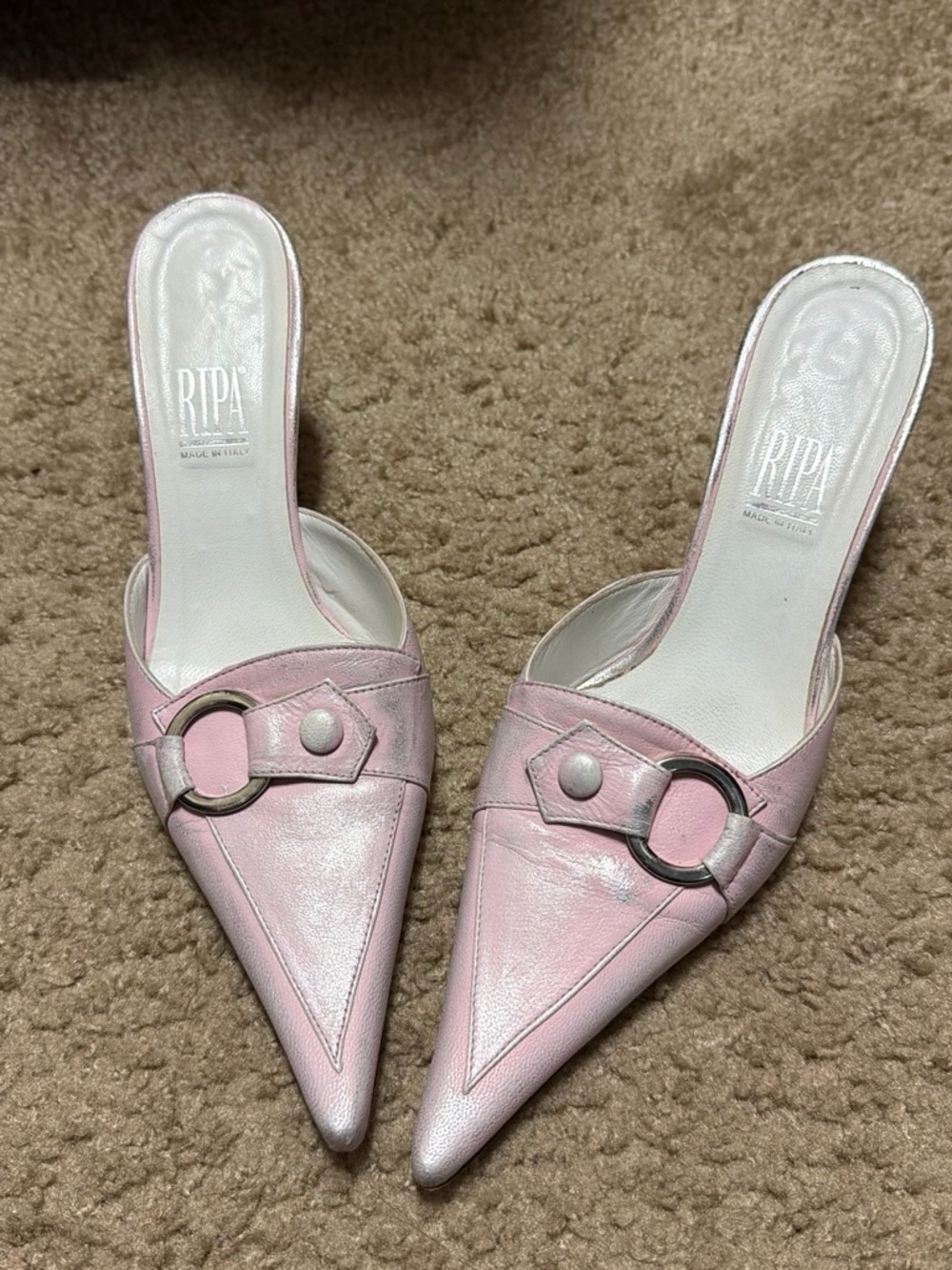 Pink Leather Pointed Mule Heels